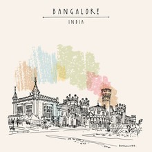 Bangalore, Karnataka, India. Beautiful Bangalore Palace. Vintage Hand Drawn Postcard