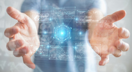 Aufkleber - Businessman using digital technological interface with datas 3D rendering