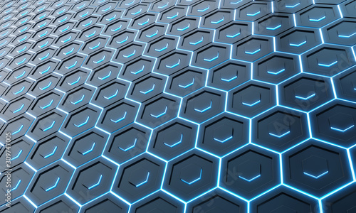 Glowing black and blue hexagons background pattern on silver metal surface 3D...