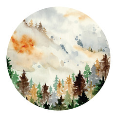 Wall Mural - watercolor landscape with pine and fir trees and mountains abstract nature background