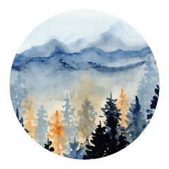 Wall Mural - watercolor landscape with pine and fir trees and mountains abstract nature background