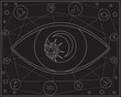 A testing aura and occultism with mysticism and evil eye, a outline vector stock illustration with moon, sun and zodiac signs on a black background