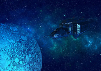 Wall Mural - spaceship in outer space with moon, nebula and stars. 3d rendering.