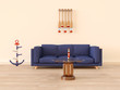 Living room interior with nautical furniture, blue sofa, wheel table, anchor hanger, boat shelve and hanging paddles. 3D rendering.