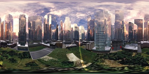 Wall Mural - Panorama of the city. Environment map. HDRI map. equidistant projection. Spherical panorama. 3D rendering