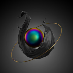 Wall Mural - 3d render, abstract modern minimal background. Black liquid splash, iridescent pearl, ball, core. Primitive geometric shapes, golden ring. Metallic elements, simple isolated objects. Digital art