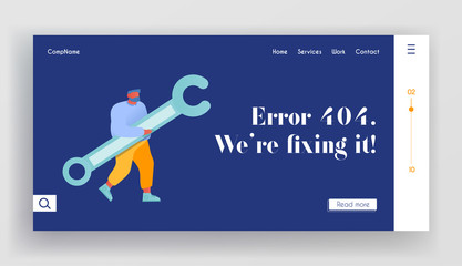 technical support service website landing page. programmer holding wrench in hands working on fixing