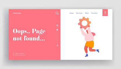 Wall Mural - page not found website landing page. cheerful businesswoman running with huge cogwheel piece in hand