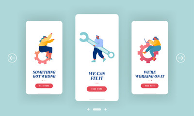 Wall Mural - technical customers support mobile app page onboard screen set. woman with cogwheel gears, man holdi