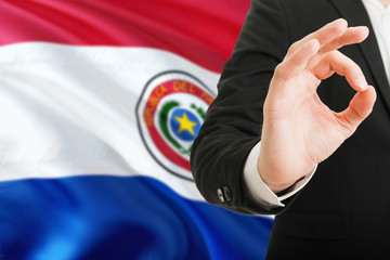 Paraguay acceptance concept. Elegant businessman is showing ok sign with hand on national flag background.