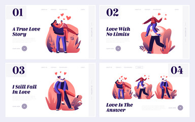 Wall Mural - Couple Romantic Relations Website Landing Page Set. Man Riding Girlfriend on Back and Holding on Hands. Loving Hearts Connection, Love and Romance Web Page Banner. Cartoon Flat Vector Illustration