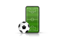 Mobile Football Soccer. Online Sport Bet Play Match. Online Soccer Game With Live Mobile App. Football Field On The Smartphone Screen And Ball. Online Ticket Sales, Sport Betting Concept.