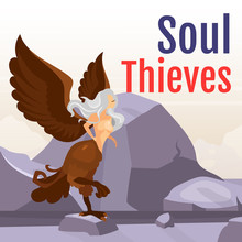 Soul Thieves Social Media Post Mockup. Greek Mythological Creature. Harpy On Mountain. Half-woman Beast. Web Banner Design Template. Social Media Booster, Content Layout. Poster Flat Illustrations