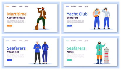 Wall Mural - Maritime characters landing page vector templates set. Marine costumes website interface idea, flat illustrations. Yacht club ideas homepage layout. Seafarers news web banner, webpage cartoon concept