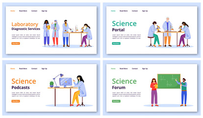 Wall Mural - Science services landing page vector template set. Modern learning technology website interface idea with flat illustrations. Forums and portals homepage layout, web banner, webpage cartoon concept