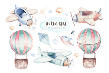 Watercolor Set Baby Cartoon Cute Pilot Aviation Background Illustration Of Fancy Sky Transport Complete With Airplanes Balloons, Clouds. Childish Boy Pattern. It's A Baby Shower Illustration