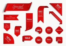 Set Of Red Sale Label With Discount Offer. Promotion Label Design. Isolated Vector Tag Images