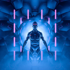 Wall Mural - prisoner of the digital realm / 3d illustration of metallic science fiction male humanoid cyborg ins