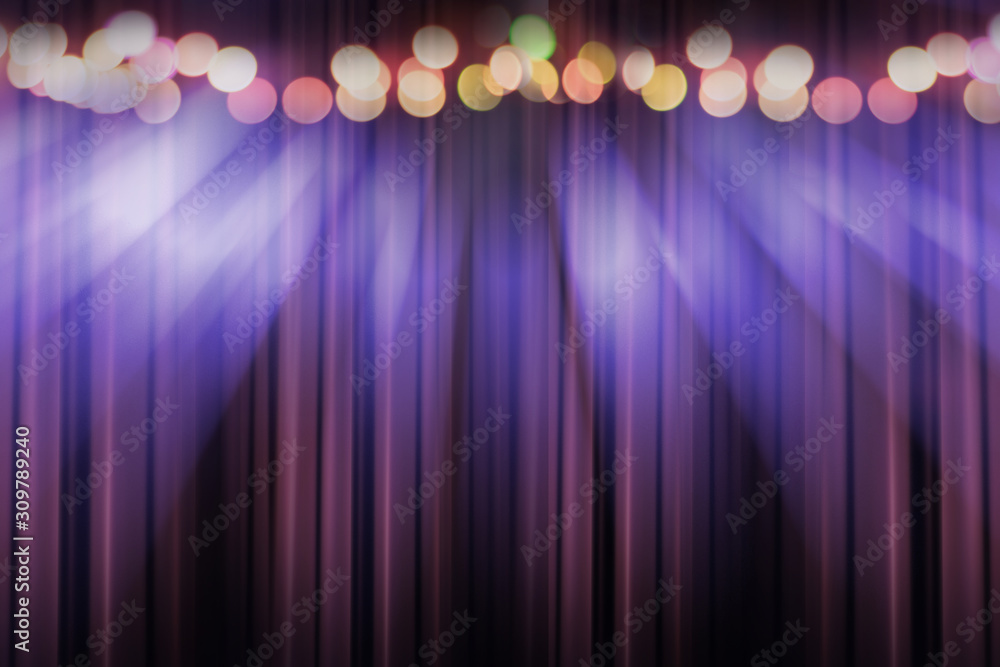 blurred theater stage with purple curtains and spotlights, abstract image of concert lighting - obrazy, fototapety, plakaty 