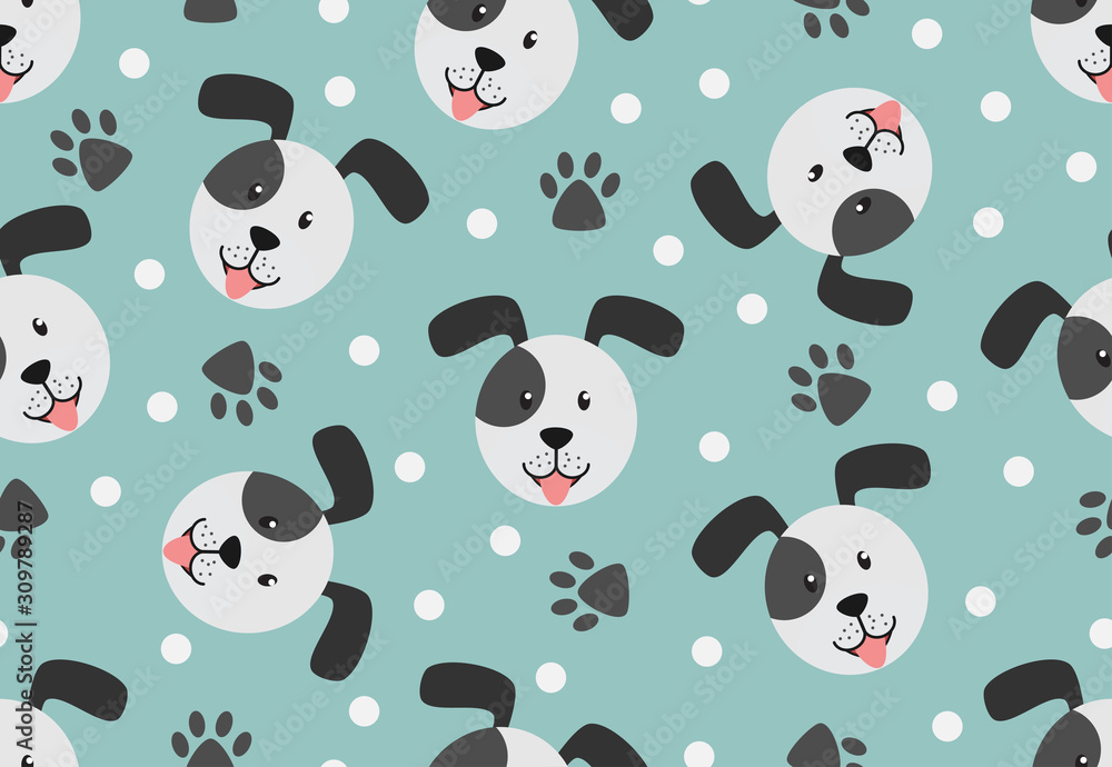 Seamless pattern of cute face dog with paw and dot on pastel background ...
