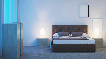 Sticker - Modern bedroom interior. Night. Evening lighting. 3D rendering.