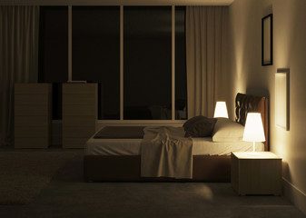 Sticker - Modern bedroom interior. Night. Evening lighting. 3D rendering.