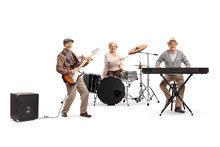 Senior People In A Music Band Playing Drums, Keyboard And A Guitar