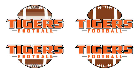 Tigers Football Design is a team design template that includes text and a football in a graphic style. Includes four design versions. Great for advertising and promotion for teams or schools.