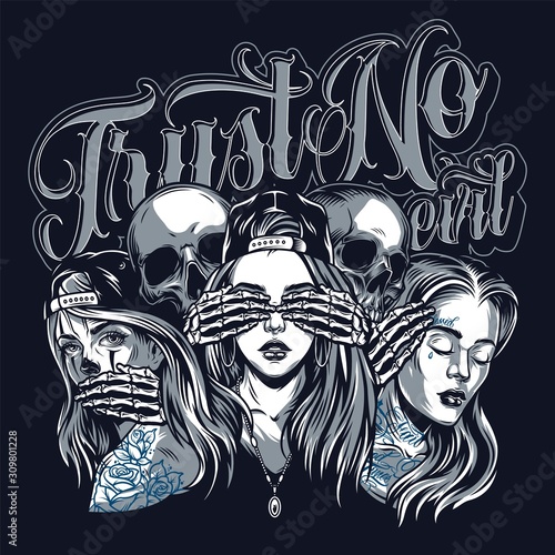 Chicano style Three Mystic Apes concept