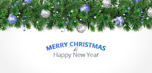 Christmas Banner With Merry Christmas Text And Pine Tree Garland Isolated On White. Blue And Silver Ornaments.