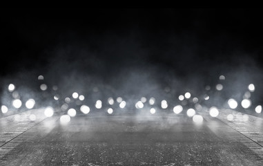 wet asphalt, reflection of neon lights, a searchlight, smoke. abstract light in a dark empty street 