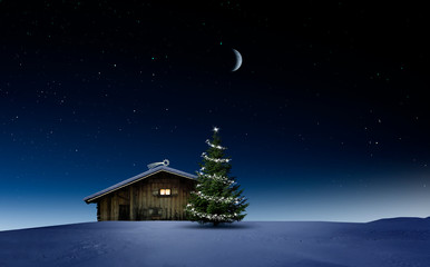 Poster - Weihnachtlich beleuchtete Hütte in Kalter Winternacht mit Sternenhimmel und Christbaum