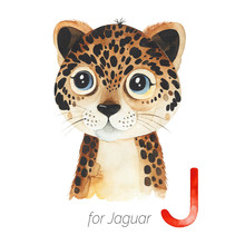 Watercolor Animals Alphabet.Learn Letters With Funny Animals. Cute Jaguar For J Letter.  Perfect For Education, Baby Shower, Children Prints Or Room Decor, Template Cards, Books And Much More