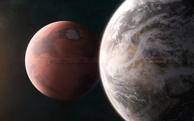 Wall Mural - Earth on background of Mars. Solar system. 3D Render. Science fiction. Elements of this image furnished by NASA
