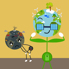 Cute illustration vector of two earths: one is polluted and the other is green and full of energy. Concept of environment protection and sustainable development.