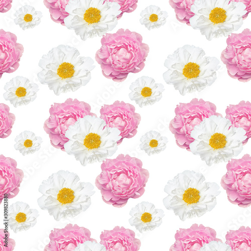 Peonies spring pattern on white.