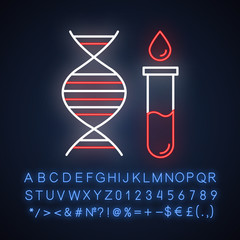 Canvas Print - Genetic testing neon light icon. DNA examination. Blood in vial. Medical procedure. Biochemistry. Chromosome, gene helix. Glowing sign with alphabet, numbers and symbols. Vector isolated illustration