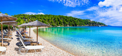 Poster - Best beaches of Alonissos island - tranquil organized Milia. Sporades, Greece