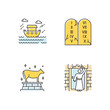 © bsd studio - Bible narratives color icons set. The passover, the flood myths, ten commandments. Religious legends. Christian religion, holy book scenes. Biblical stories plot. Isolated vector illustrations