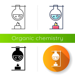 Sticker - Heating laboratory flask with candle icon. Lab experiment. Interaction with chemicals. Organic chemistry. Flat design, linear, black and color styles. Isolated vector illustrations