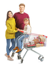 Sticker - Family with shopping cart full of Christmas gifts on white background