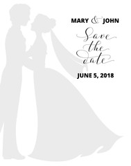 Wall Mural - Save the date card with bride and groom silhouettes and hand written custom calligraphy