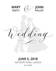 Wall Mural - Wedding invitation with bride and groom silhouettes and hand written custom calligraphy.