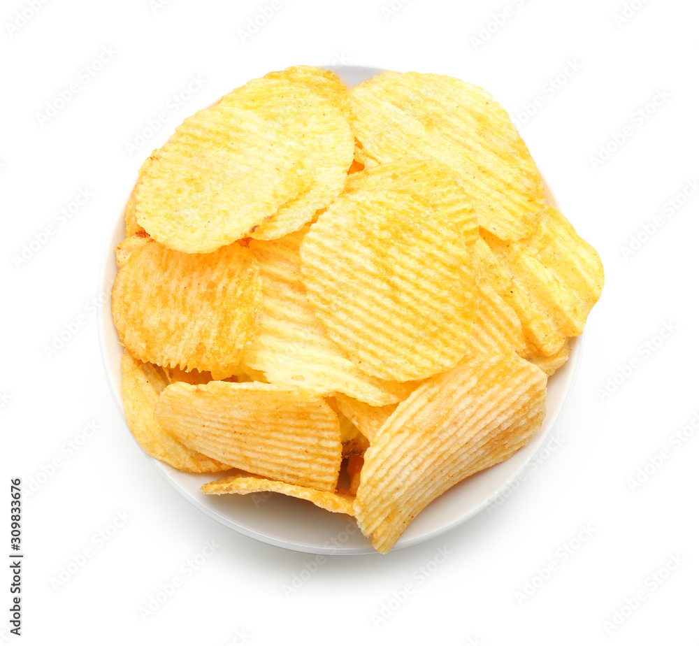Plate with tasty potato chips on white background
