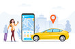 Tourist with a suitcase using a mobile ride hailing app to order a car from an urban location shown on the screen of the phone, in a conceptual vector illustration