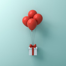 Gift Box Or Present Box With Red Balloons Isolated On Green Blue Pastel Color Wall Background With Shadow 3D Rendering