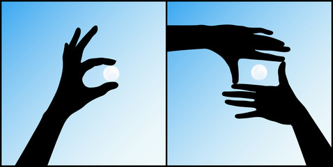 Canvas Print - Set of hand gestures silhouettes on blue background. Moon in framing hands, hand holding planet satellite. Vector illustration with isolated elements for design