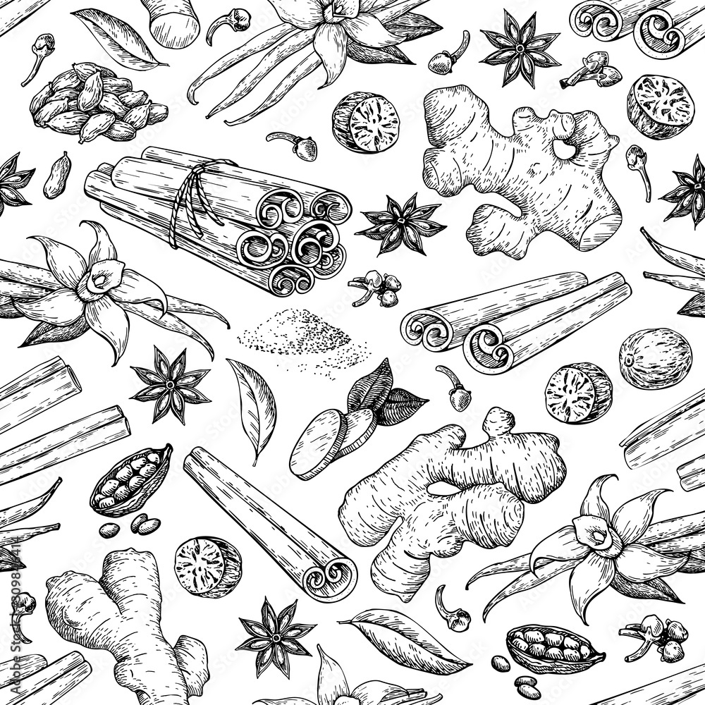 Winter spice seamless pattern, vector drawing. Flavoring seeds and herbs for christmas food - obrazy, fototapety, plakaty 