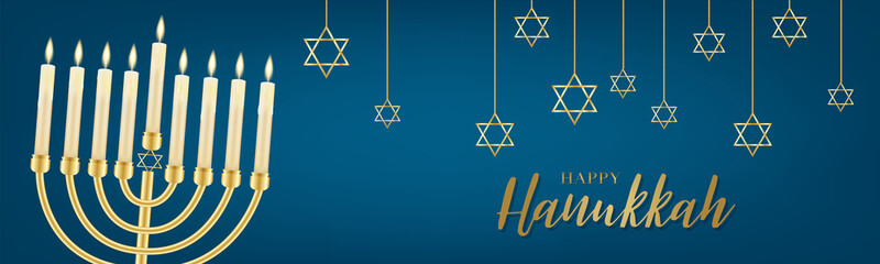 Happy Hanukkah. Traditional Jewish holiday. Chankkah banner or website header background design concept. Judaic religion decor with Menorah, candles, David star. Vector illustration.