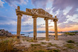 Ruins at Haraki Beach Rhodes Greece at sunset.